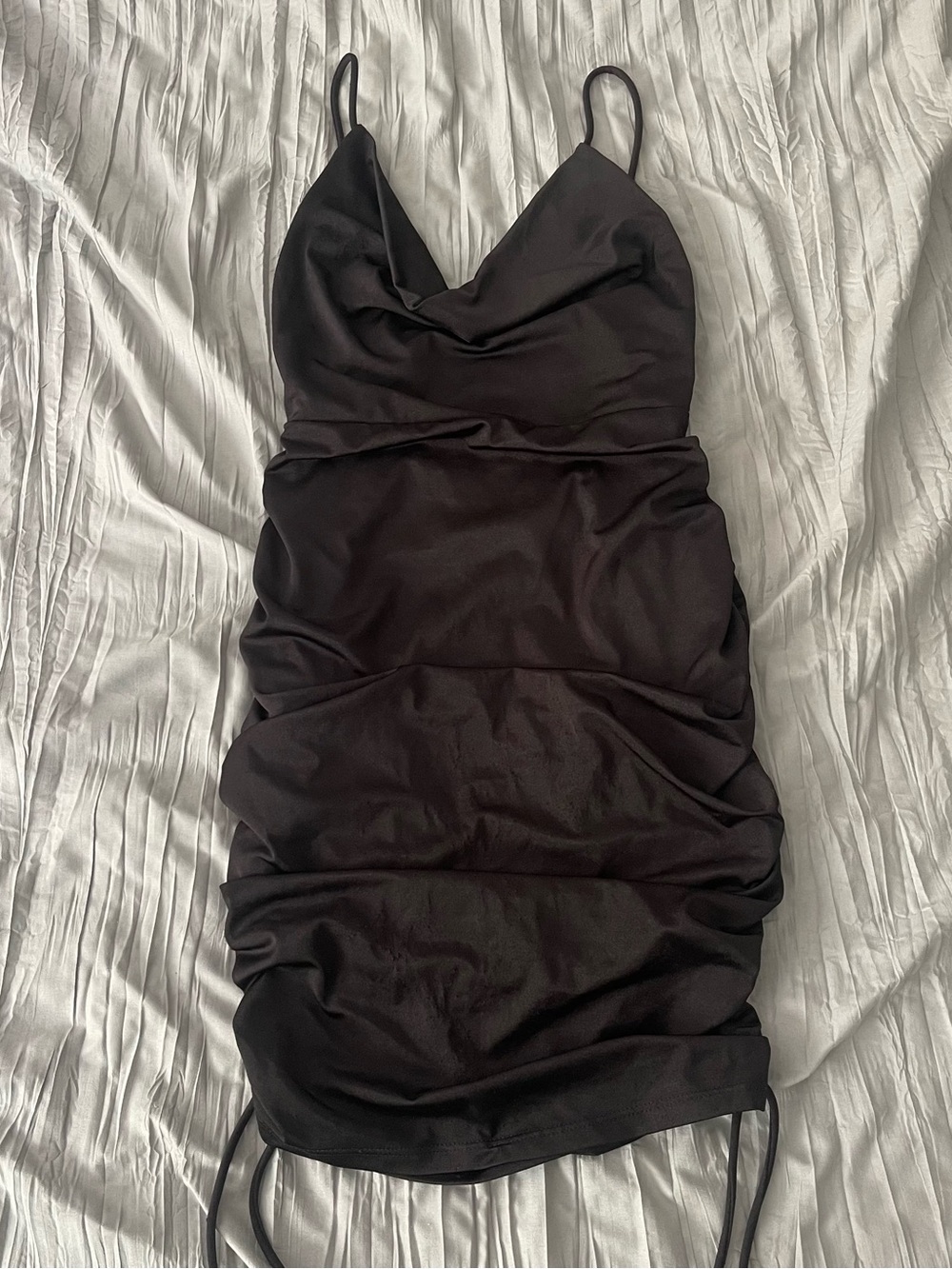 FavLux Small Black Ruched Slip Dress with Cowl Neck